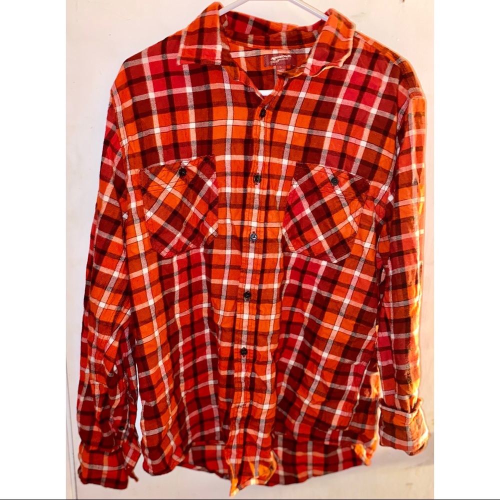 Arizona Jeans orange and red plaid button up shirt
